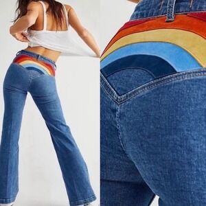 Free People Rainbow Suede Panel Flare Jeans 27 Boho NWT Festival Hippie DenIM